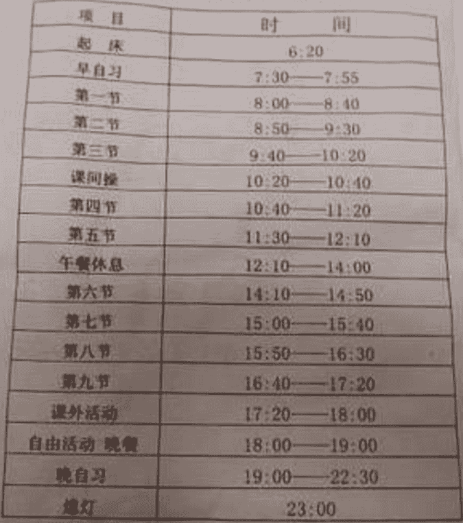 全国重点高中作息时间安排表