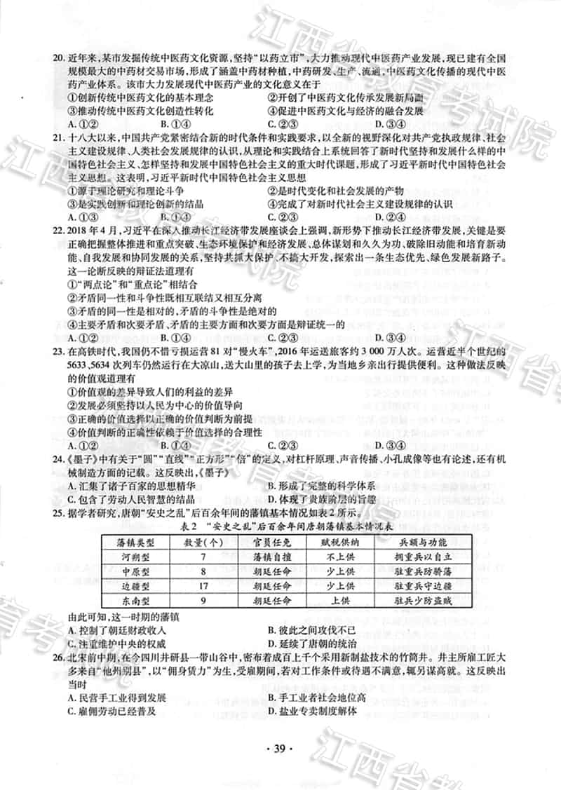 2018江西高考文科综合能力测试试题、参考答案