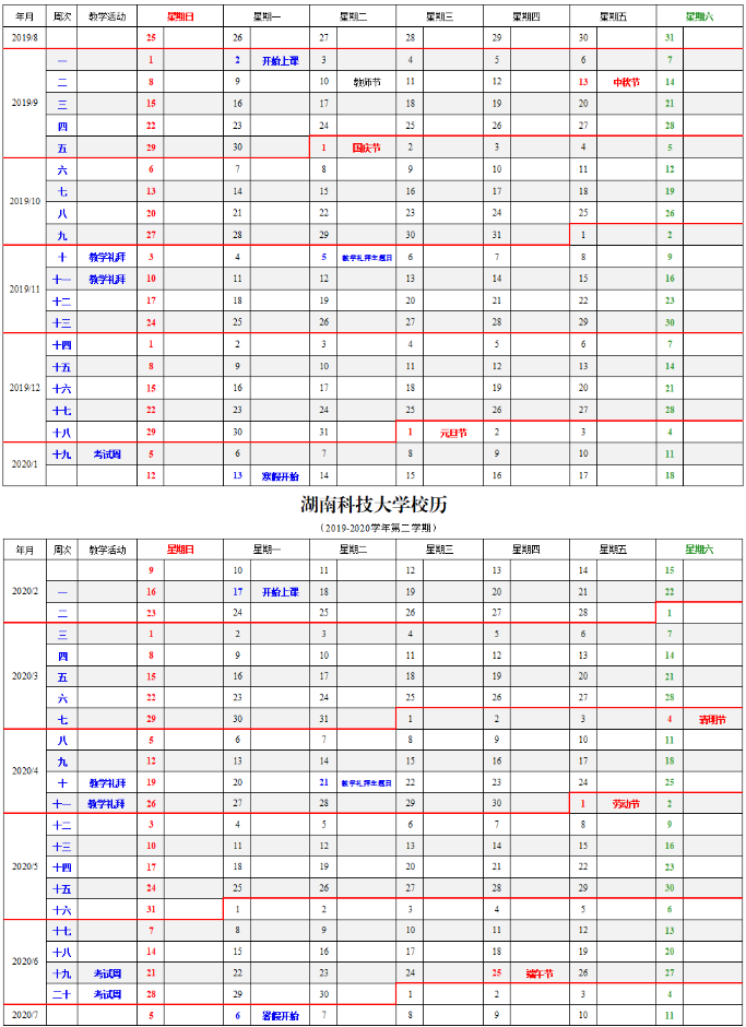 2020湖南科技大学寒假放假时间
