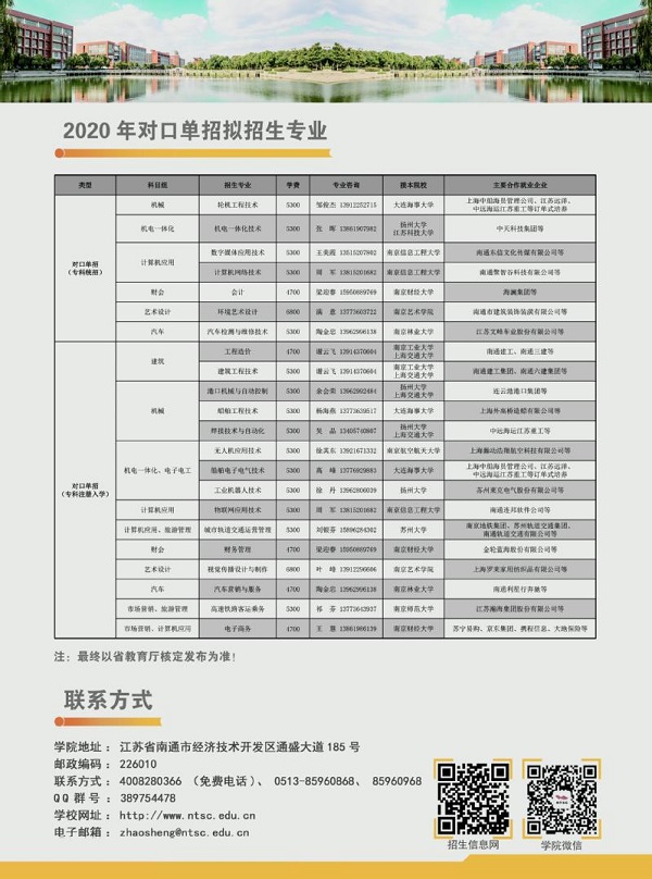 南通航运职业技术学院2020年对口单招拟招生专业