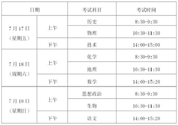 2020年浙江普通高中学业水平考试时间安排表