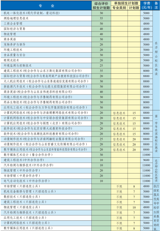 2020年山东科技职业学院分类考试招生计划及专业