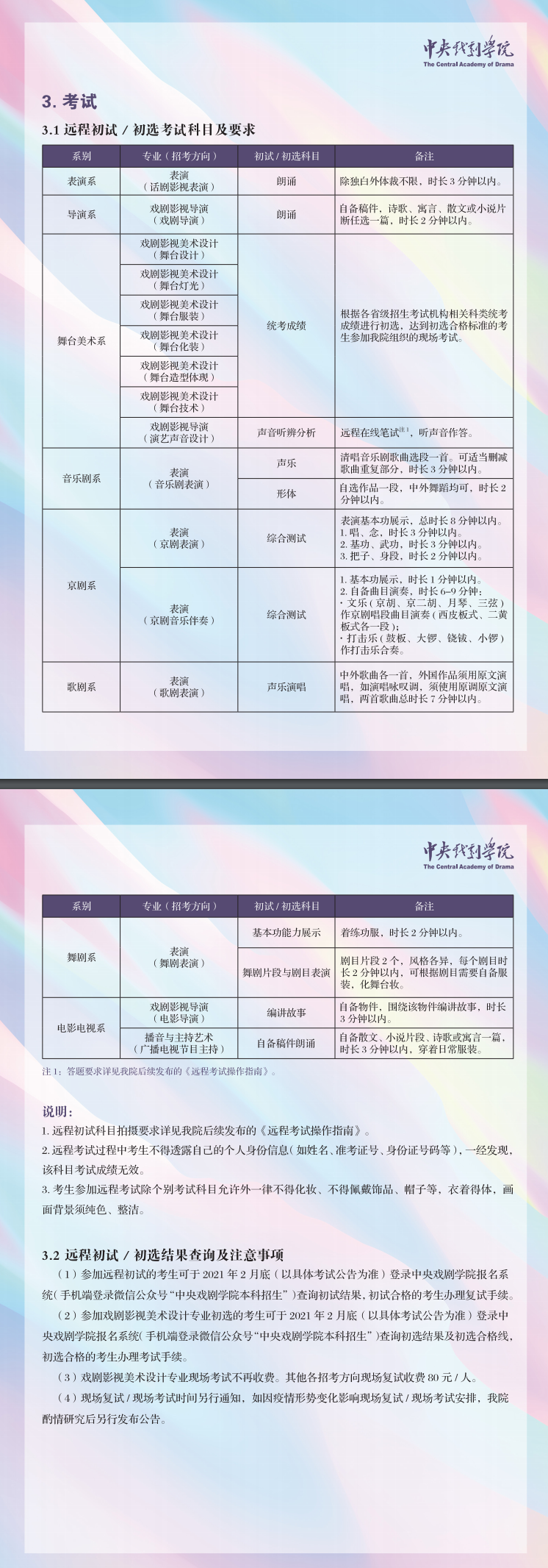 中央戏剧学院2021年本科招生专业考试简章