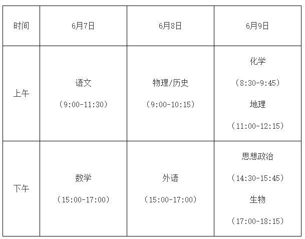 福建省高考具体时间安排